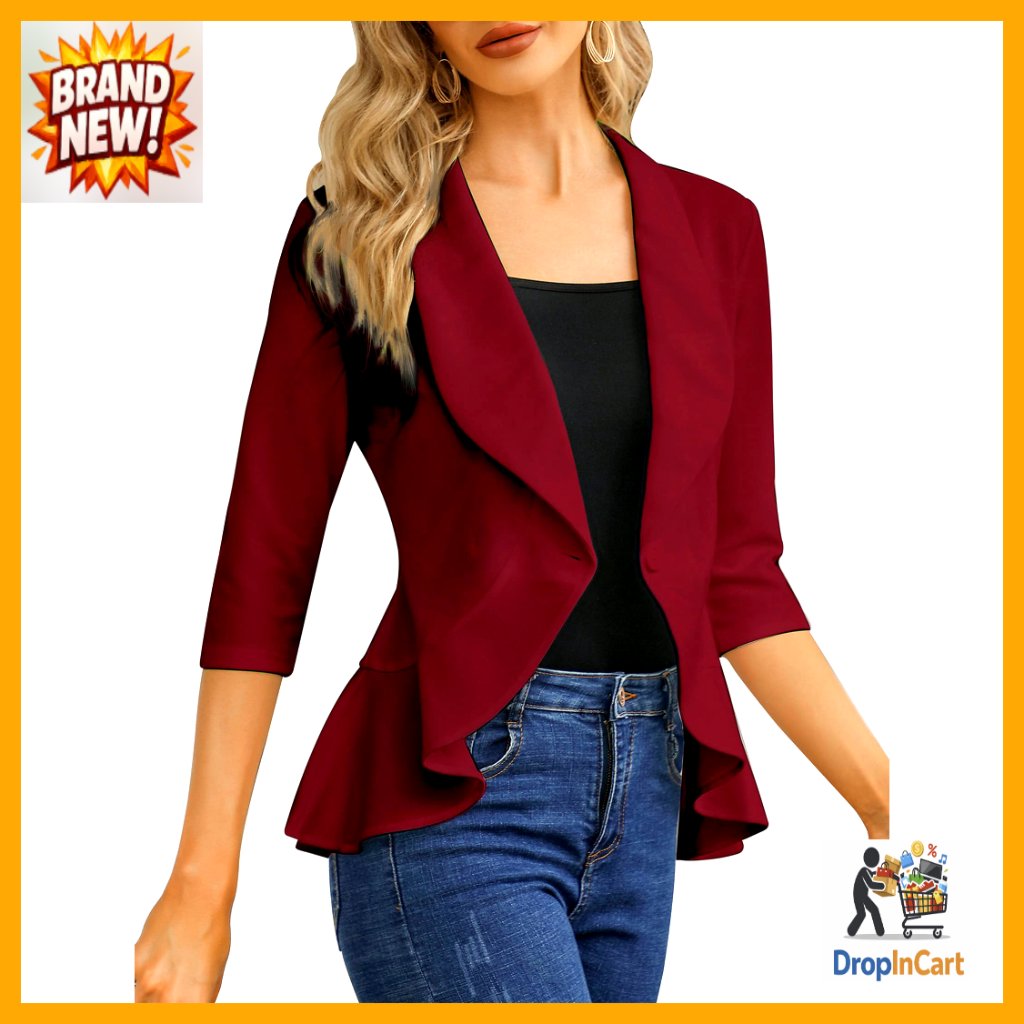3/4 Sleeve Blazer Open Front Ruffle Hem Shawl Collar Slim Fit Office Chic